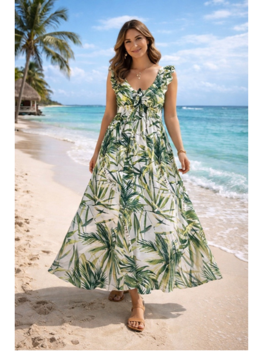 Women's Taylor Maxi Dress Size 10 White Green Palm Leaf Print Summer